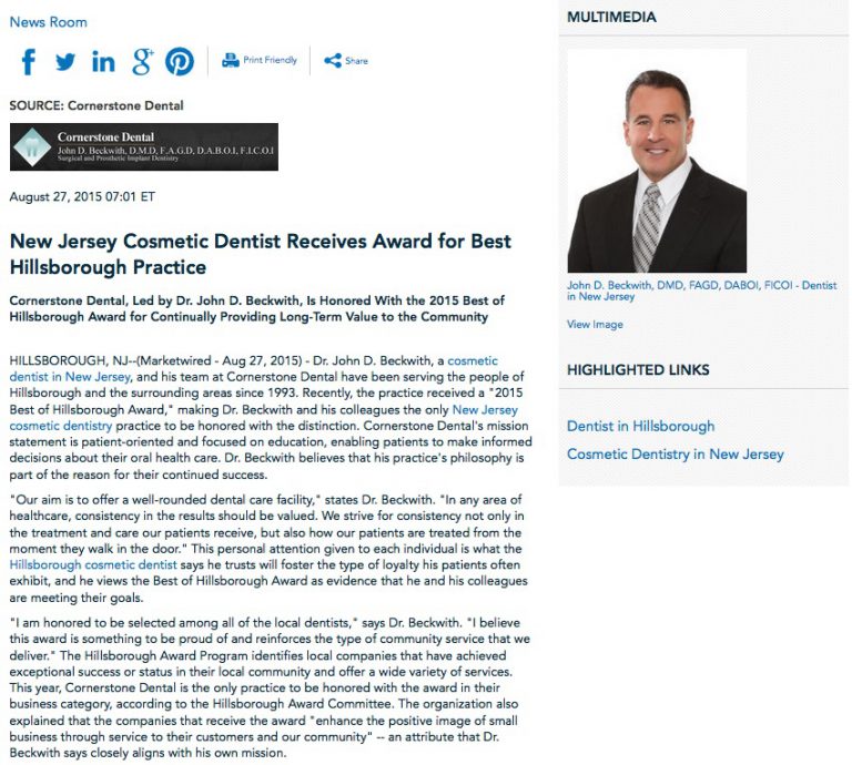 New Jersey Cosmetic Dentist Receives Award For Best Hillsborough