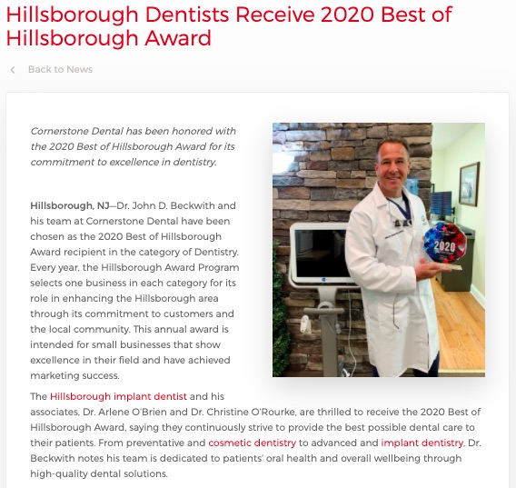 Cornerstone Dental is honored with the 2020 Best of Hillsborough Award in the category of Dentistry.